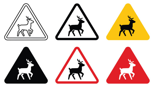 Set of deer crossing traffic warning signs in various graphic styles and colors with crossing wildlife triangular transport pictogram collection