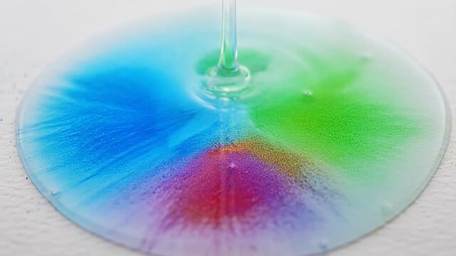 Vibrant Liquid Diffusion, Colorful Chemical Reaction, Abstract Fluid Art, Science Experiment, Macro Droplet Bloom