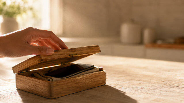 Wooden box on table holds phone and wallet promoting digital wellbeing by encouraging mindful disconnection and peaceful moments