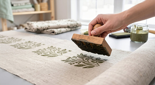Hand block printing botanical pattern on linen fabric. Artisan using a wooden stamp with olive green ink. Textile design and handmade craft workshop