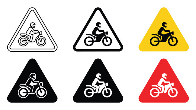 Set of motorcycle traffic warning signs in various designs and color variations with motor bike motorcycle motorcyclist triangular transport