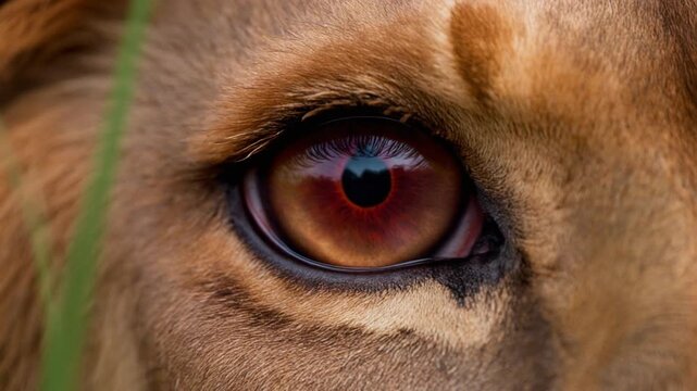 Extreme macro photorealistic footage of a single lion eye, authentic African lion anatomy with a deep copper iris
