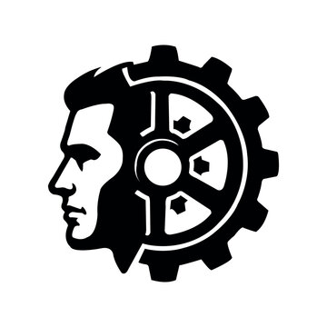 Industrial cogwheel gear fused with a male profile silhouette, symbolic vector icon, solid black stamp.