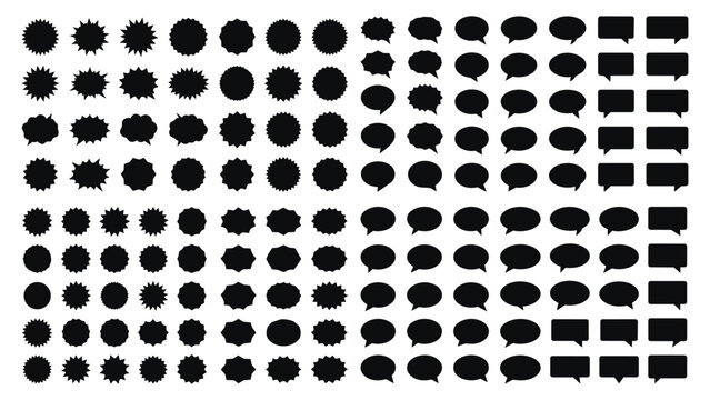 Large set of various black silhouette speech bubbles and graphic design elements with dialogue communication collection silhouette minimalist