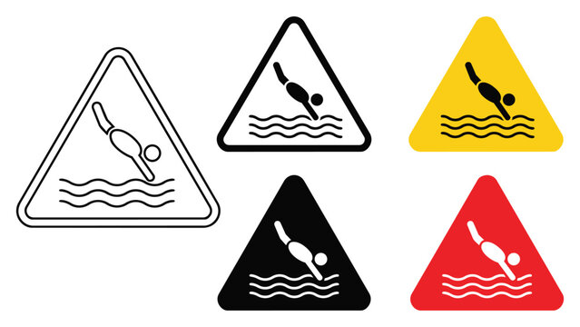 Diving warning hazard sign icons for pool and water areas in different styles with triangle swimming illustration pictogram collection template