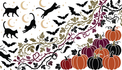 Obraz premium Halloween silhouettes of black cats bats pumpkins and autumn leaves on a white background