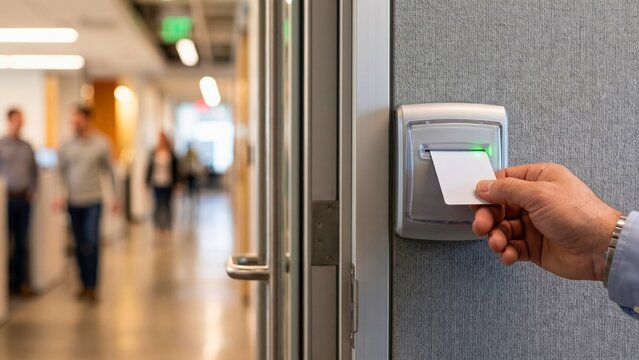 Hand scanning key card at security access door reader in modern office corridor representing workplace safety and identification control