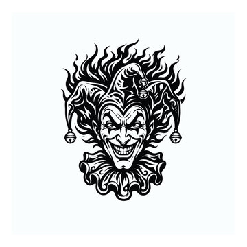 Black and white jester face with devil horns and flames