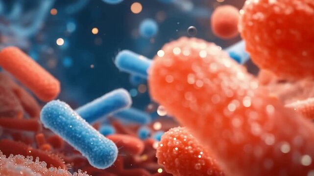 Close-up microscopic view of colorful bacteria and microorganisms. Concept of infection, healthcare, medical science, and biotechnology.