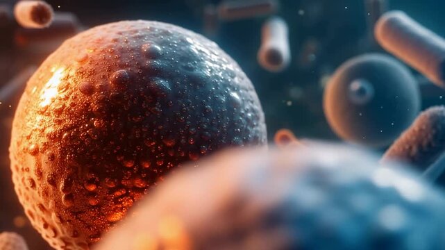 Close-up microscopic view of colorful bacteria and microorganisms. Concept of infection, healthcare, medical science, and biotechnology.
