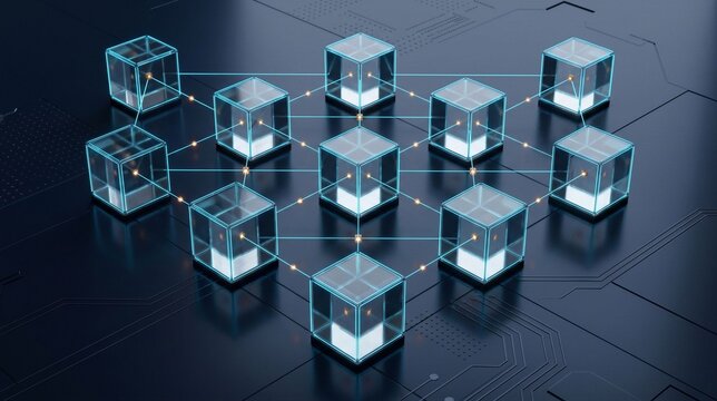 Blockchain network of transparent cubes connected by lines