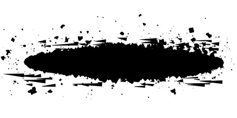 Obraz premium An abstract black brushstroke with splatters and a distressed, fragmented edge creates a dynamic and edgy graphic element, perfect for adding texture and impact.
