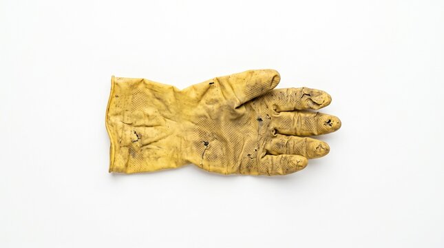 Worn yellow industrial glove isolated on white