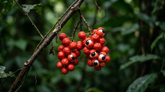 Brazilian Amazon guarana berries on vine in lush rainforest, natural harvest Brazilian Amazon guarana production chain
