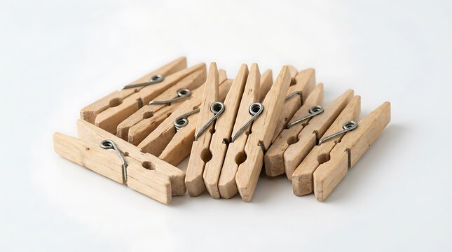 A small collection of wooden clothespins isolated on a white background.