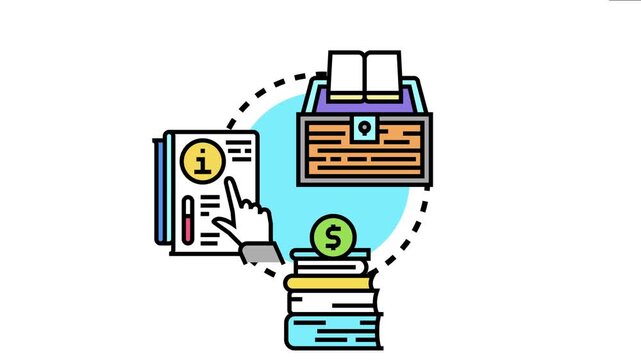 Hand pointing at an informational guide leading to a treasure chest of knowledge and a stack of books with a money symbol, educational process and reward