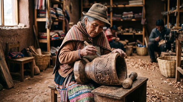 Indigenous Amazonian woman carving intricate wooden vessel in traditional workshop Brazilian Amazon guarana production chain
