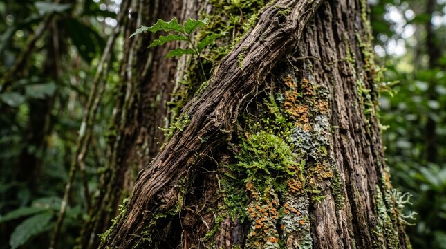 Amazon Rainforest Tree Bark with Moss and Lichen, Guarana Plant Habitat Brazilian Amazon guarana production chain
