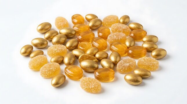 Assorted Gold and Yellow Jelly Candies Scattered on White Surface.