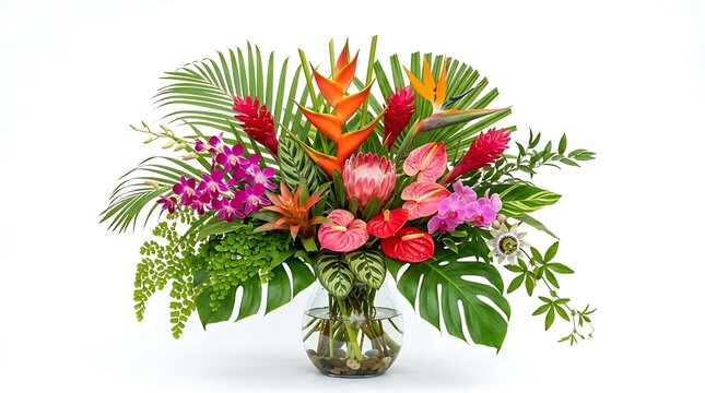 Beautiful Tropical Flower Arrangement in Glass Vase Isolated on White.