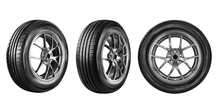 Car tire and wheel , Aluminum wheels , Alloy Wheel , set photo isolated on transparent background.	
