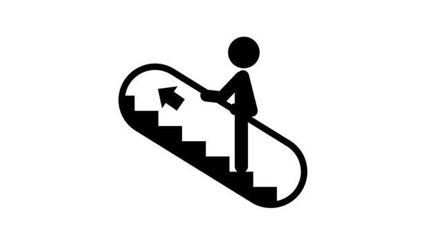 A pictogram of a person riding an upward moving escalator placed inside a rectangular frame with a white background and a dark lower section