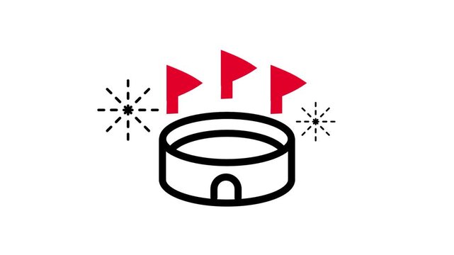 A stadium icon surrounded by radiating festive flags and sparkling burst details centered inside a clean horizontal banner presentation layout