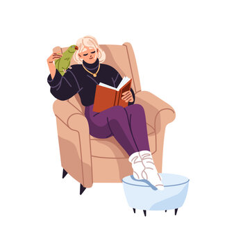 Girl with her parrot on shoulder sits in armchair and reads book. Woman and bird have a rest together. Owner spends time with domestic animal, pet. Flat isolated vector illustration on white