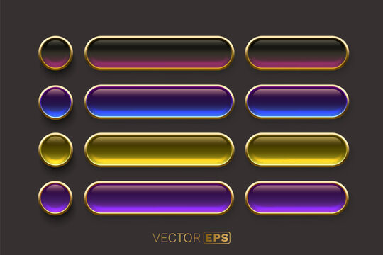 Collection of vibrant gradient buttons and capsules with shiny golden frames.