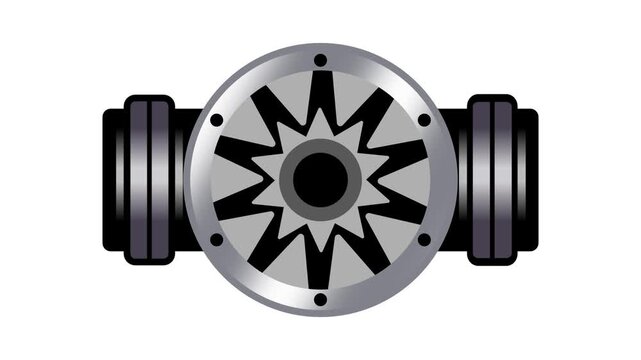 A detailed mechanical gear wheel assembly flanked by sturdy cylindrical connection ports centered inside a wide clean presentation banner layout