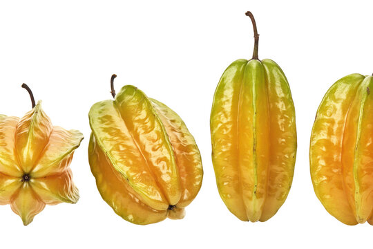 Four fresh ripe yellow starfruit specimens arranged in a row on a white background, isolated on a, transparent background