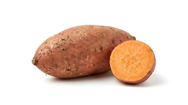 Fresh whole and sliced sweet potato isolated on white background.