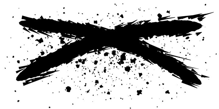 An abstract black cross mark with a splatter effect, symbolizing negation or error, created with a rough brush stroke and ink splatters.