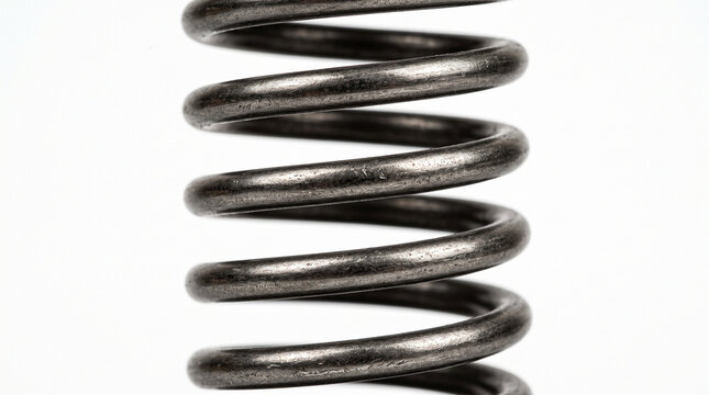 Close up of a heavy duty metal coil spring on white background.