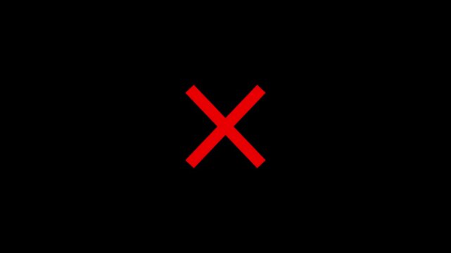 Bright Red X Cross Mark Symbol Motion Graphic on black Screen, Animated Wrong Mark, Error Icon Concept for Quiz Games, UI Rejection Alerts, Video Overlay, and Motion Graphic Asset.