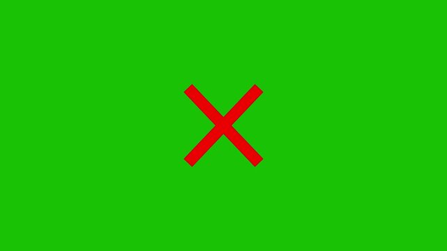 Bright Red X Cross Mark Symbol Motion Graphic on Chroma Key Green Screen, Animated Wrong Mark, Error Icon Concept for Quiz Games, UI Rejection Alerts, Video Overlay, and Motion Graphic Asset.