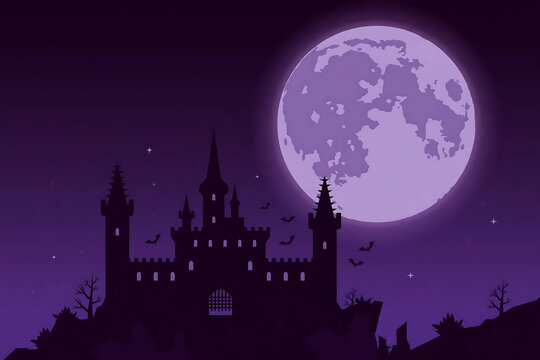 Spooky medieval castle silhouette under a giant purple full moon isolated on transparent background