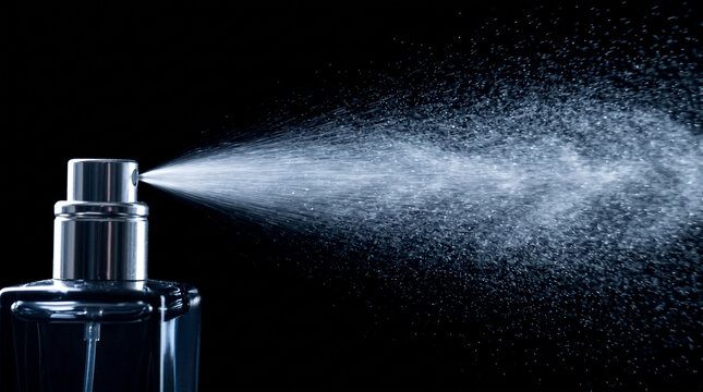 Close up of luxury perfume bottle spraying fine mist against black background.