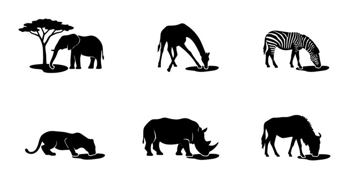 African Wildlife Silhouette Collection: 6 Vector Icons of Elephants, Giraffe, Zebra, Leopard, Rhinoceros, and Wildebeest drinking water in minimalist black and white style for safari and nature