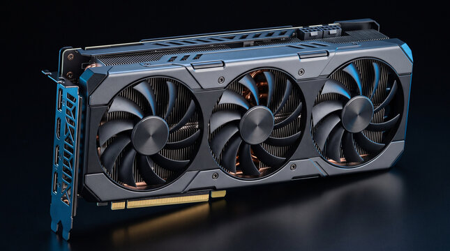 Modern high performance graphics card with triple cooling fans for gaming and computer hardware.