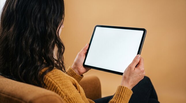 Brunette woman holds modern digital tablet with blank white screen while wearing a cozy mustard yellow knit sweater in a soft warm indoor studio light