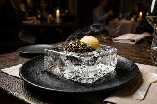 Luxury fine dining molecular gastronomy sturgeon caviar served on crystal clear sculpted ice block with mother of pearl spoon