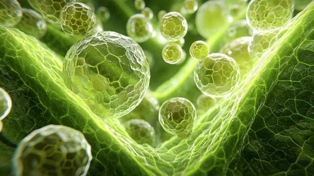 3D Motion Graphic Loop of Microscopic Plant Cells with Chloroplasts and Leaf Vein Tissue