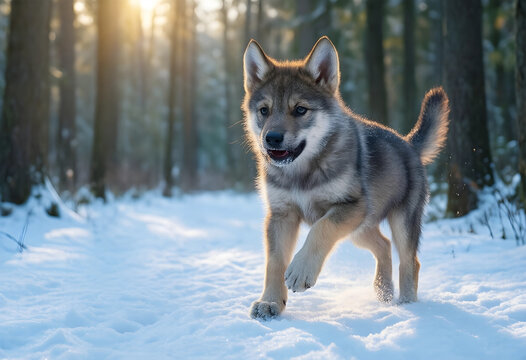 Wildlife conservation and nature exploration, wolf pup walking through snowy forest during winter season with soft golden hour sunlight