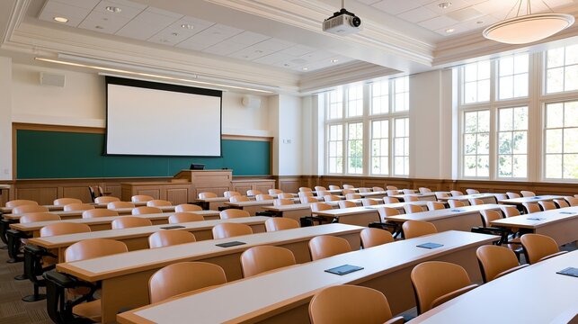Rows of empty chairs and desks fill a modern lecture hall with a projection screen.
