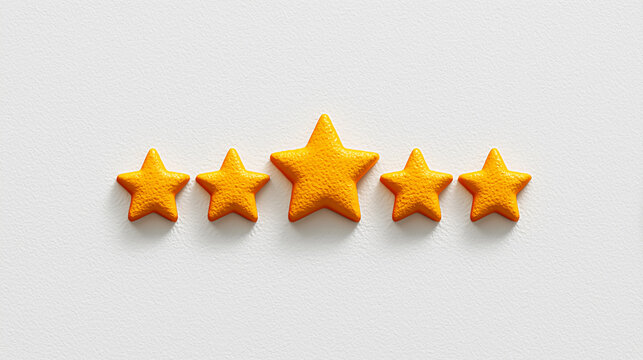 5 orange stars on a white background, flat lay, top view