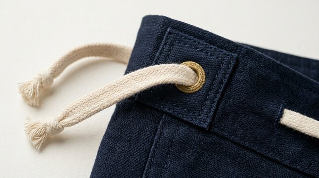 Close-up of navy blue fabric with a drawstring and grommet