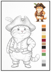 Obraz premium Cute chubby orange tabby cat dressed as an original pirate captain presented as a clean pencil sketch and color reference art sheet.