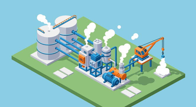 Industrial Isometric of Chemical Processing Plant with Storage Tanks Pipes VRU Units Crane and Machinery