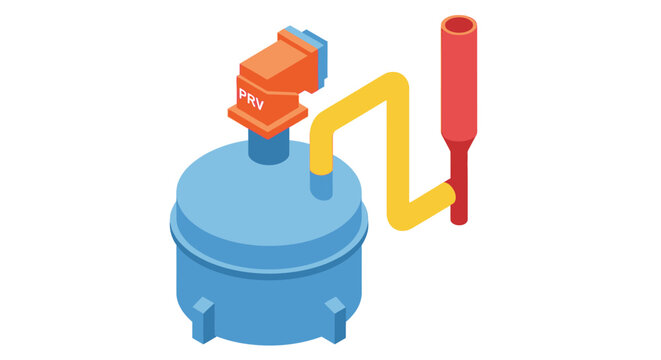 Industrial Pressure Relief Valve Assembly with Blue Tank Yellow and Red Piping System Diagram with high quality professional line art symbols for modern creative design and digital branding projects